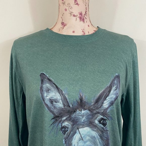 sz:M Teal Long Sleeve Donkey Graphic Pullover Top - Picture 2 of 10